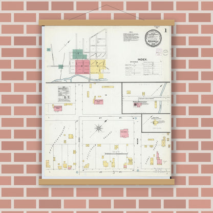 Old map wall art mockup — magnetic wood frame on brick wall — Sanborn Fire Insurance Map from Waynesville, Warren County, Ohio (1901), Sheet #0001