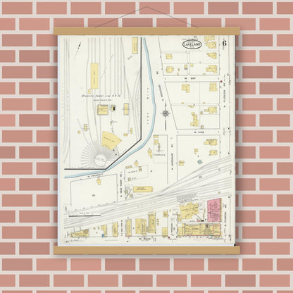 Old map wall art mockup — magnetic wood frame on brick wall — Sanborn Fire Insurance Map from Lakeland, Polk County, Florida (1917), Sheet #0006