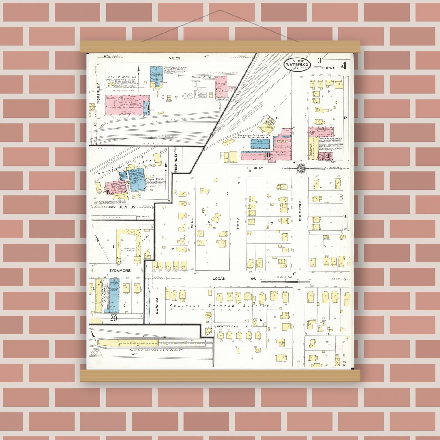 Old map wall art mockup — magnetic wood frame on brick wall — Sanborn Fire Insurance Map from Waterloo, Black Hawk County, Iowa (1910), Sheet #0004