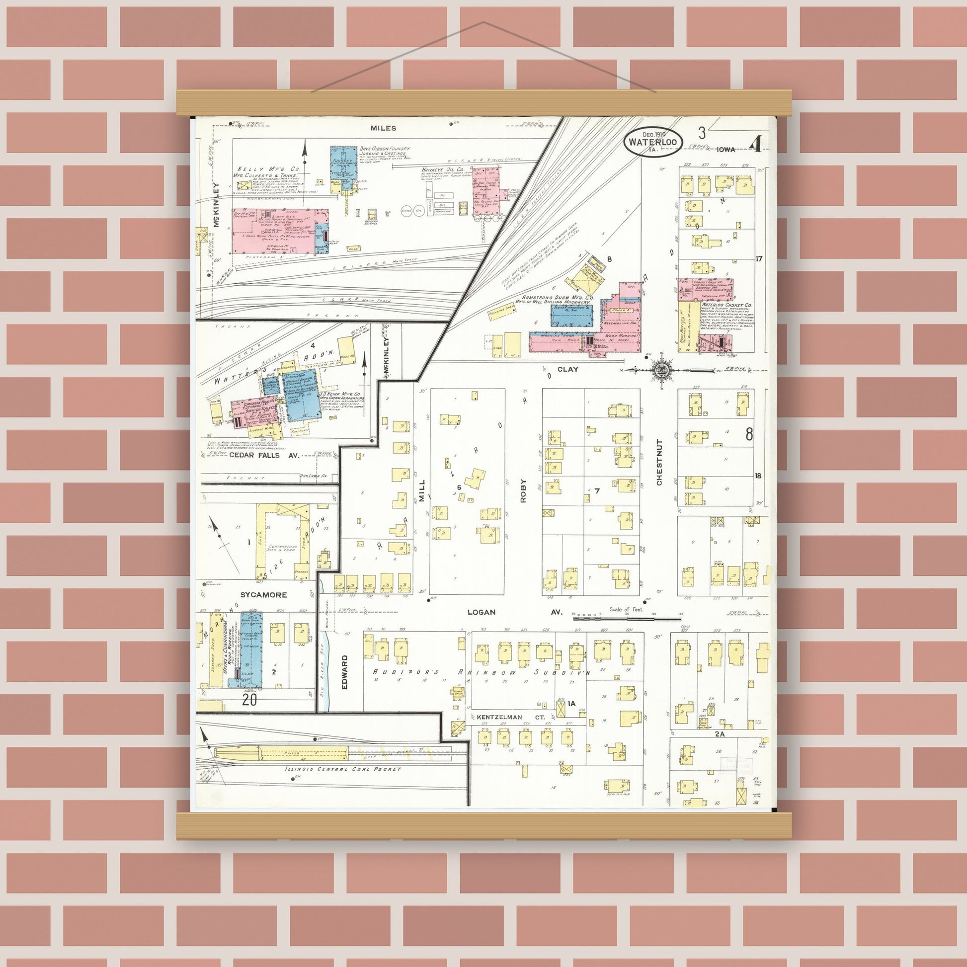Old map wall art mockup — magnetic wood frame on brick wall — Sanborn Fire Insurance Map from Waterloo, Black Hawk County, Iowa (1910), Sheet #0004