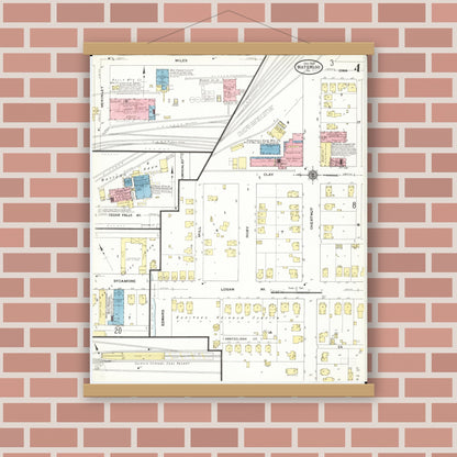Old map wall art mockup — magnetic wood frame on brick wall — Sanborn Fire Insurance Map from Waterloo, Black Hawk County, Iowa (1910), Sheet #0004