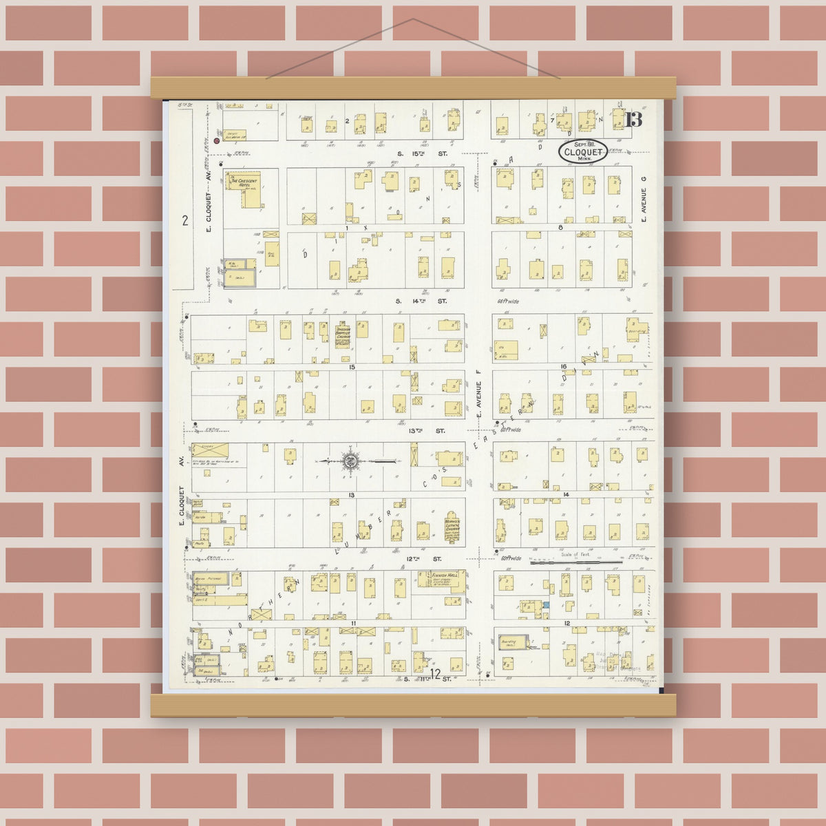 Old map wall art mockup — magnetic wood frame on brick wall — Sanborn Fire Insurance Map from Cloquet, Carlton County, Minnesota (1911), Sheet #0013