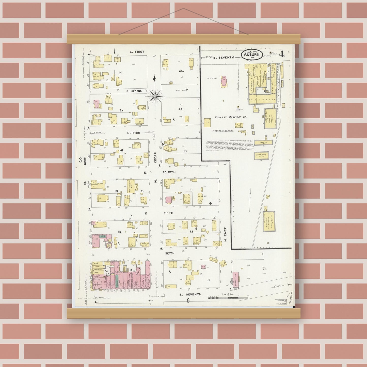 Old map wall art mockup — magnetic wood frame on brick wall — Sanborn Fire Insurance Map from Auburn, De Kalb County, Indiana (1907), Sheet #0004