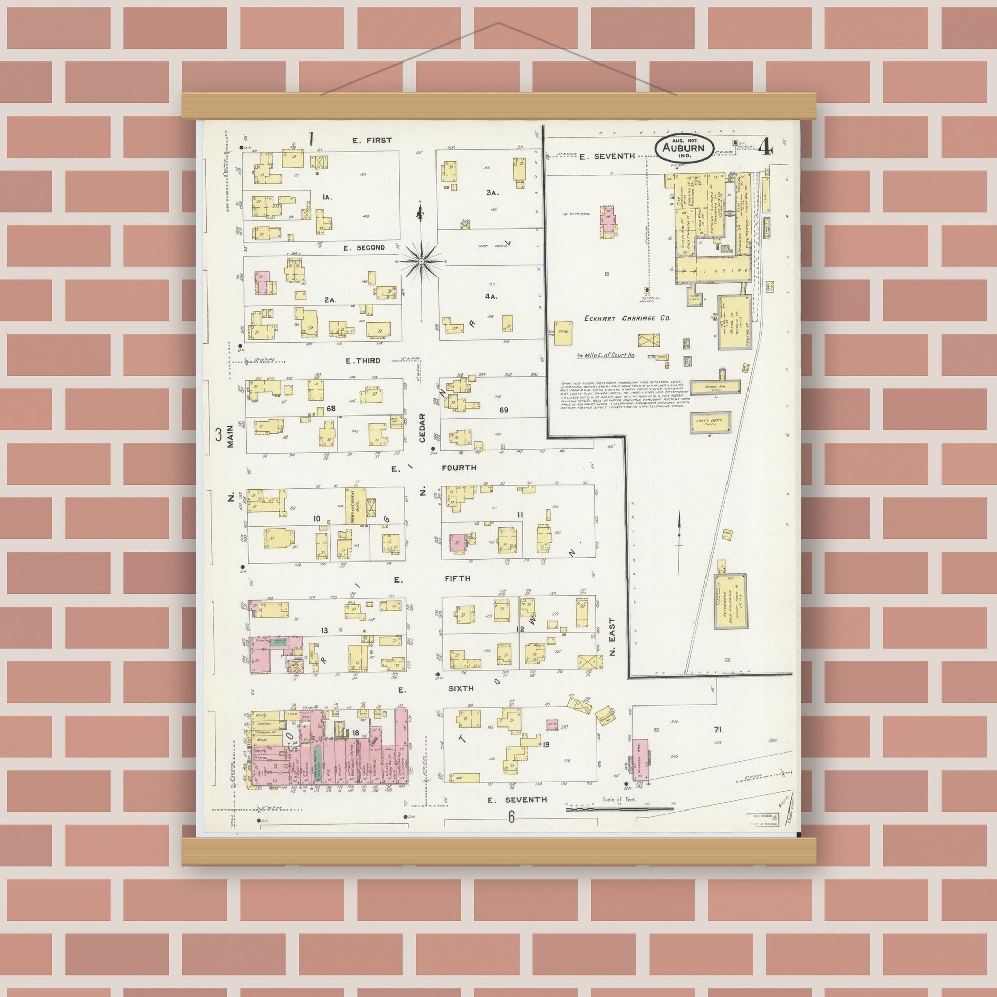 Old map wall art mockup — magnetic wood frame on brick wall — Sanborn Fire Insurance Map from Auburn, De Kalb County, Indiana (1907), Sheet #0004