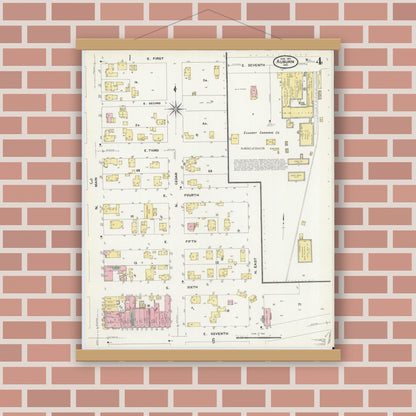 Old map wall art mockup — magnetic wood frame on brick wall — Sanborn Fire Insurance Map from Auburn, De Kalb County, Indiana (1907), Sheet #0004
