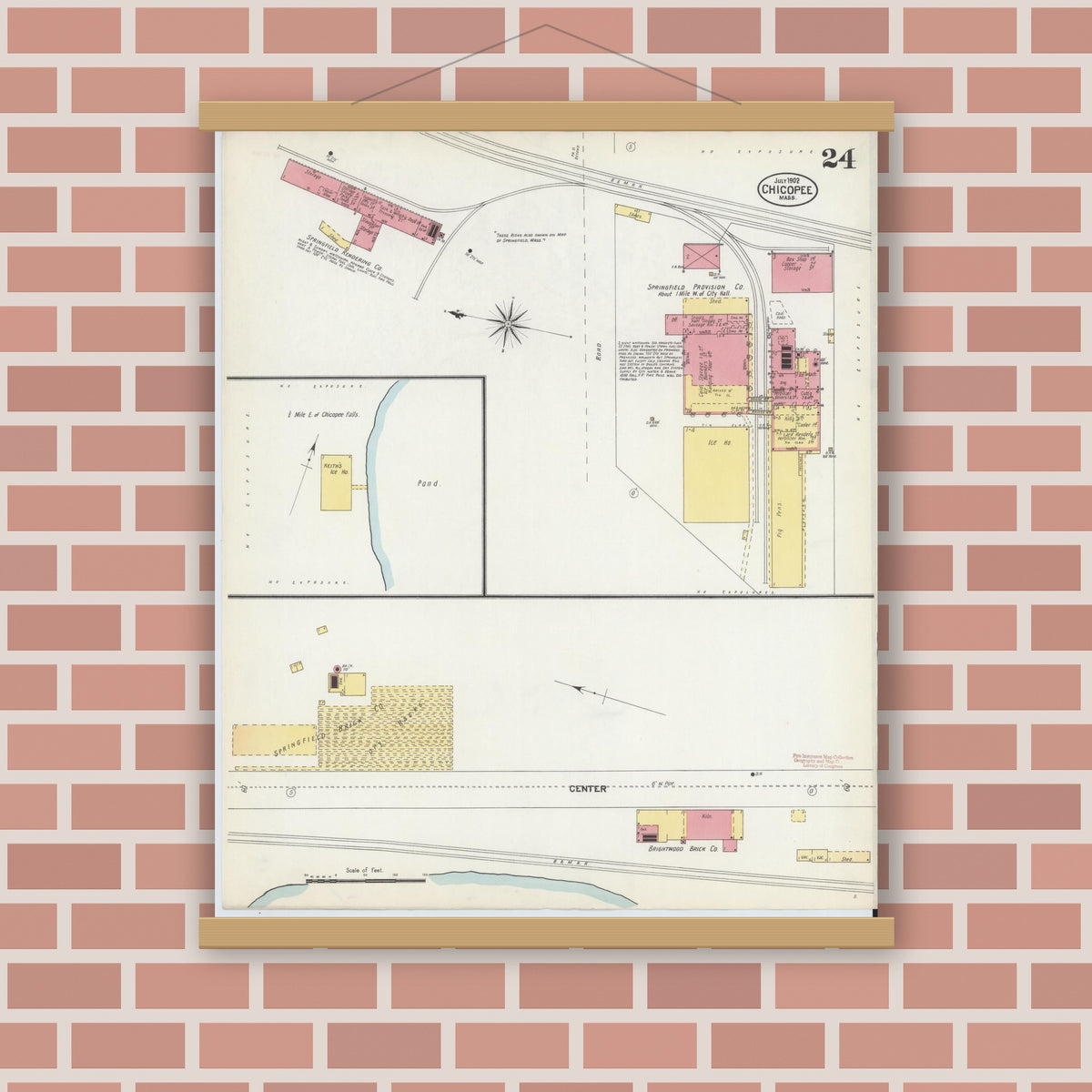 Old map wall art mockup — magnetic wood frame on brick wall — Sanborn Fire Insurance Map from Chicopee, Hampden County, Massachusetts (1902), Sheet #0024