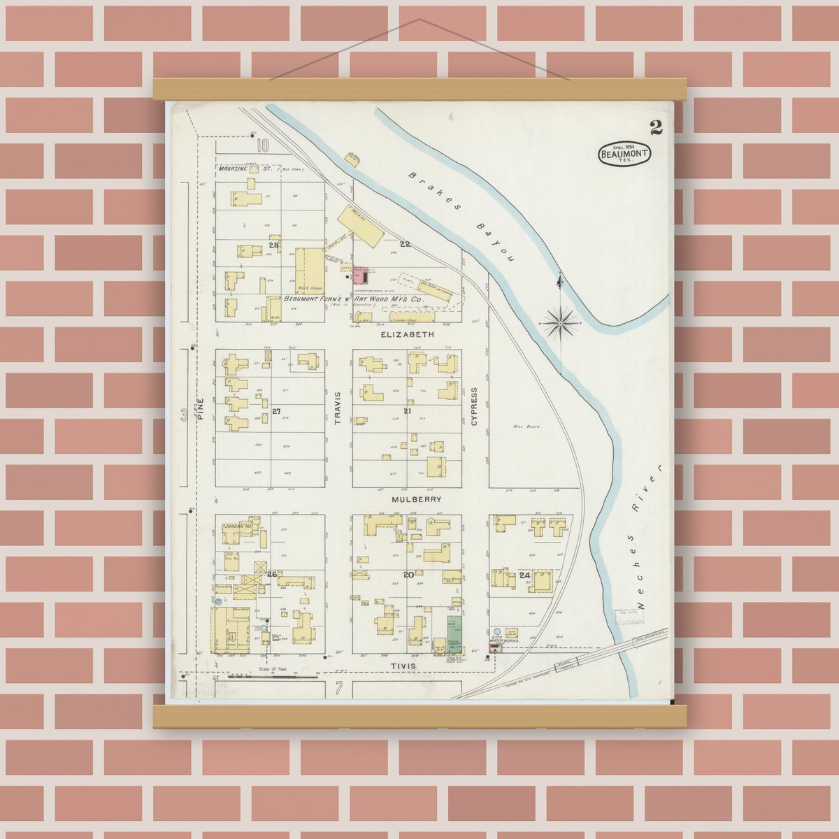 Old map wall art mockup — magnetic wood frame on brick wall — Sanborn Fire Insurance Map from Beaumont, Jefferson County, Texas (1894), Sheet #0002