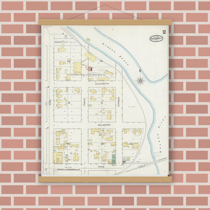 Old map wall art mockup — magnetic wood frame on brick wall — Sanborn Fire Insurance Map from Beaumont, Jefferson County, Texas (1894), Sheet #0002