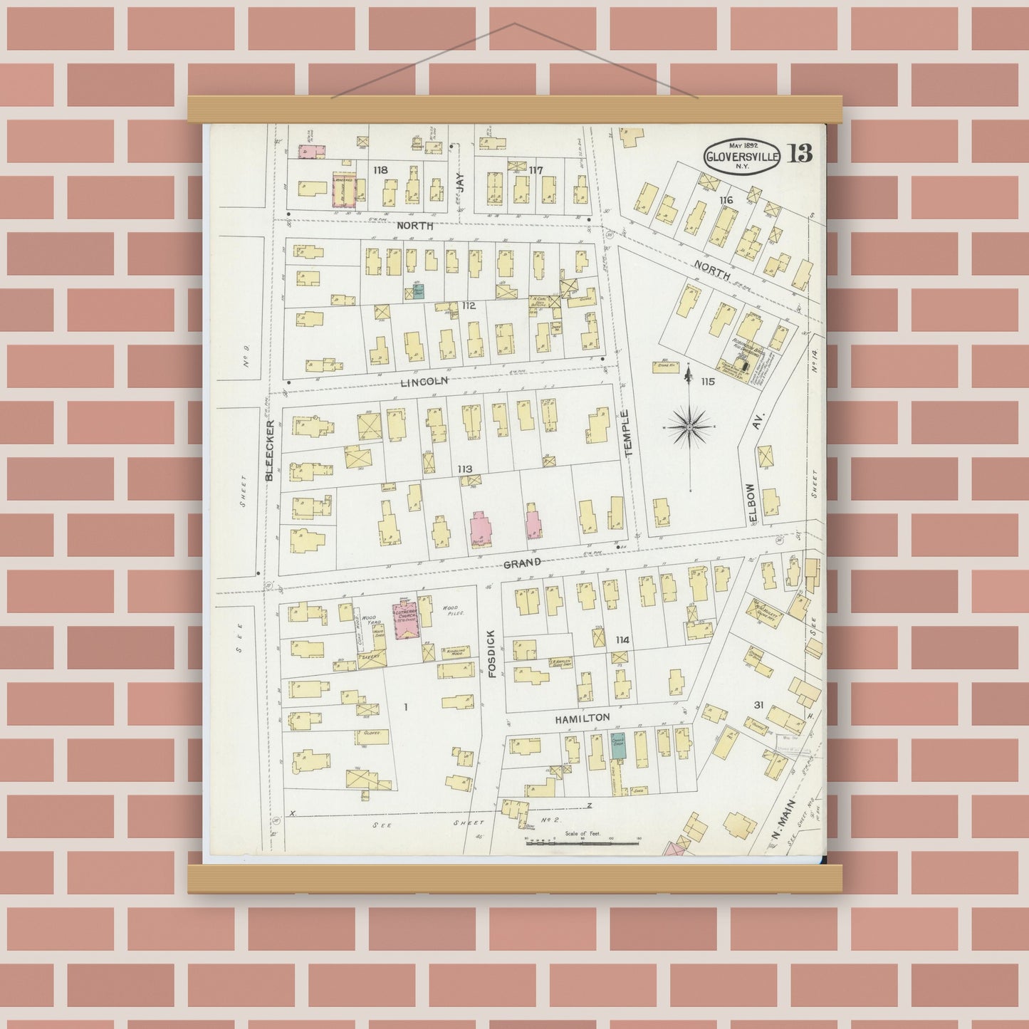 Old map wall art mockup — magnetic wood frame on brick wall — Sanborn Fire Insurance Map from Gloversville, Fulton County, New York (1892), Sheet #0013
