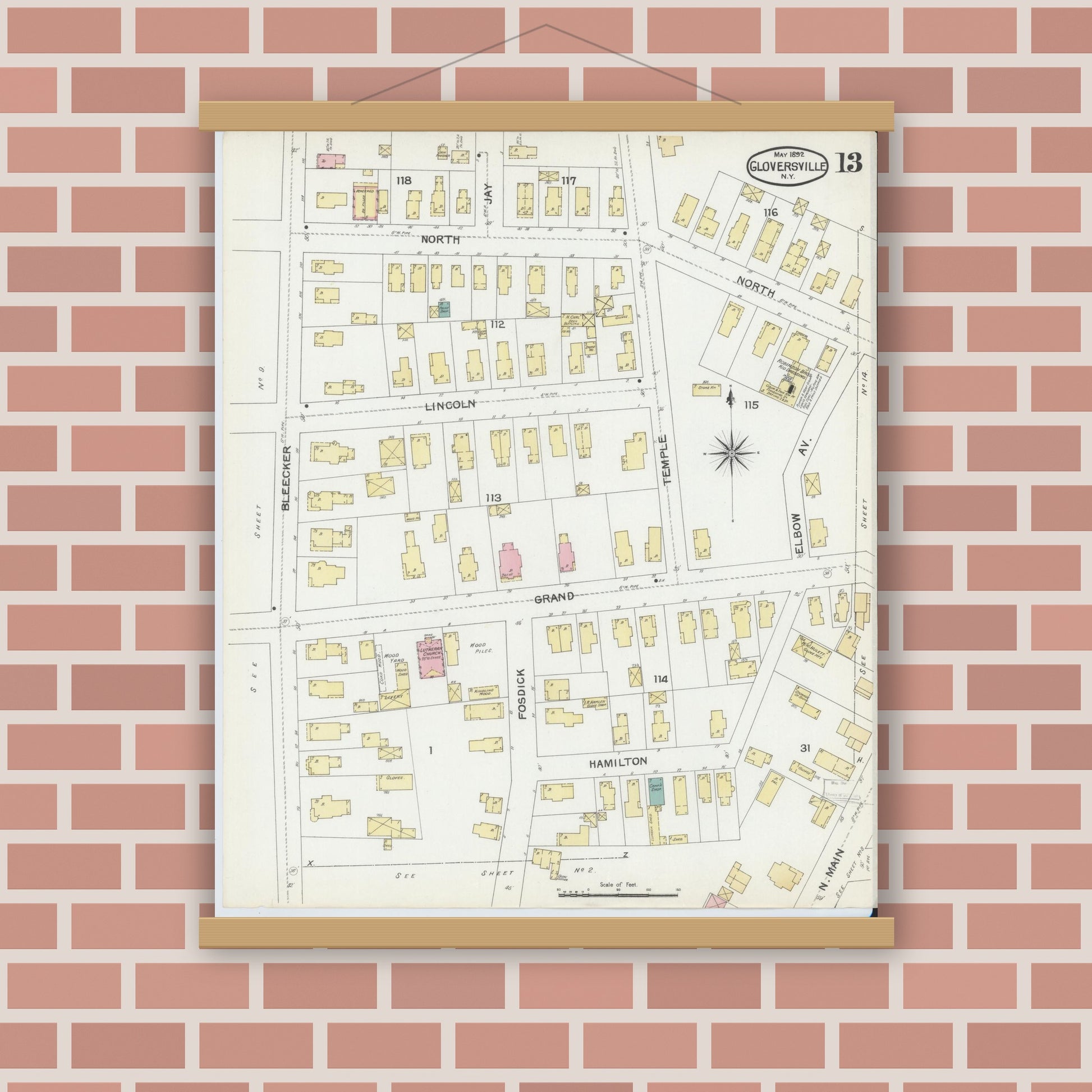 Old map wall art mockup — magnetic wood frame on brick wall — Sanborn Fire Insurance Map from Gloversville, Fulton County, New York (1892), Sheet #0013