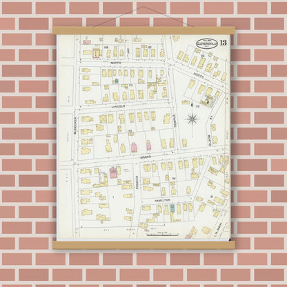 Old map wall art mockup — magnetic wood frame on brick wall — Sanborn Fire Insurance Map from Gloversville, Fulton County, New York (1892), Sheet #0013