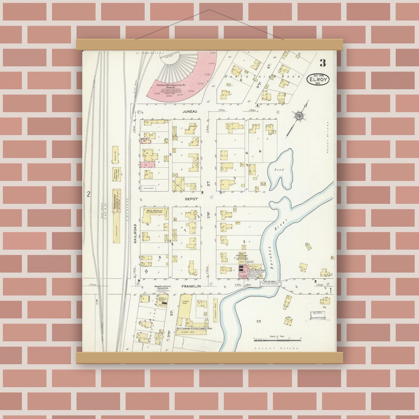 Old map wall art mockup — magnetic wood frame on brick wall — Sanborn Fire Insurance Map from Elroy, Juneau County, Wisconsin (1914), Sheet #0003