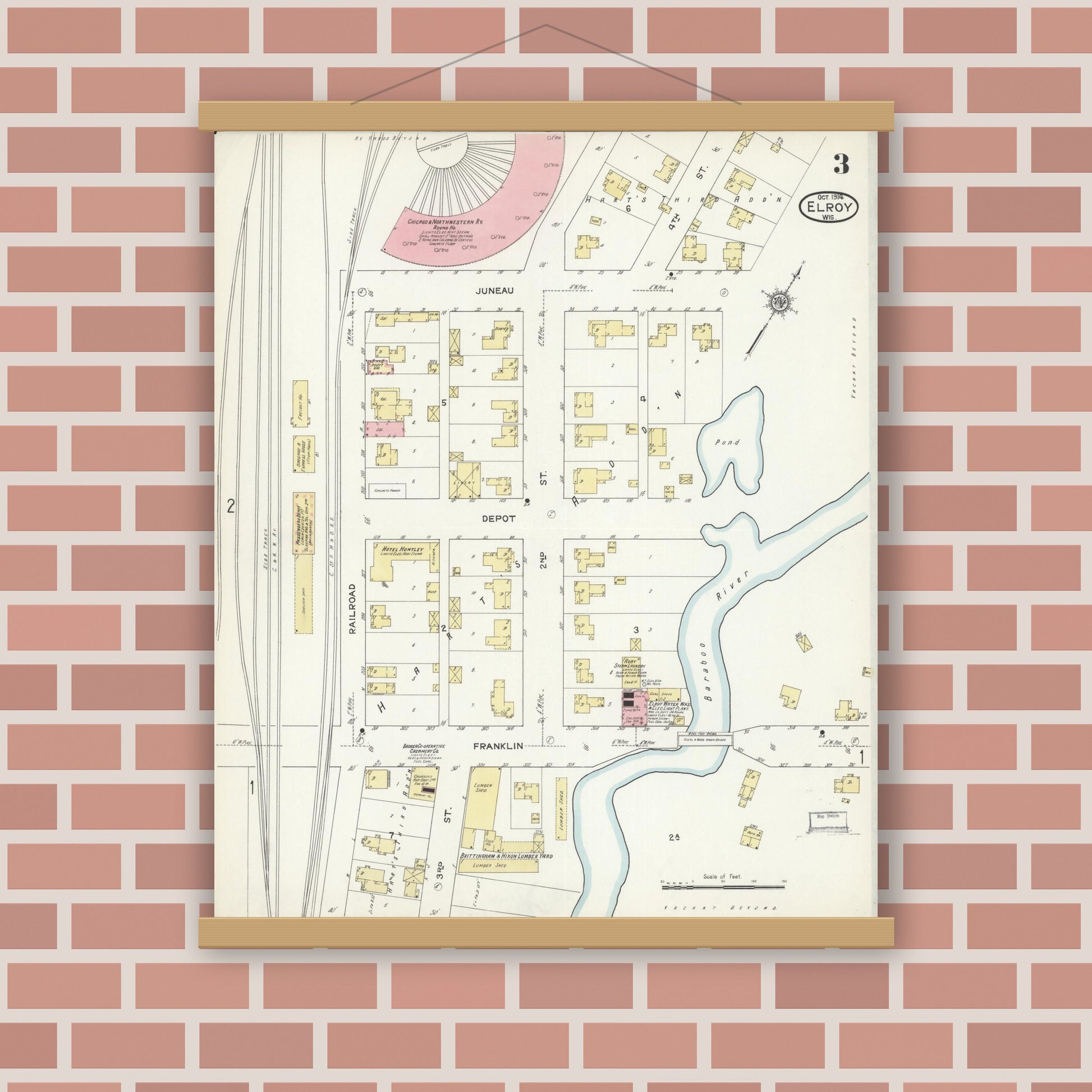 Old map wall art mockup — magnetic wood frame on brick wall — Sanborn Fire Insurance Map from Elroy, Juneau County, Wisconsin (1914), Sheet #0003