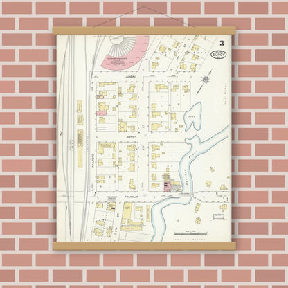 Old map wall art mockup — magnetic wood frame on brick wall — Sanborn Fire Insurance Map from Elroy, Juneau County, Wisconsin (1914), Sheet #0003