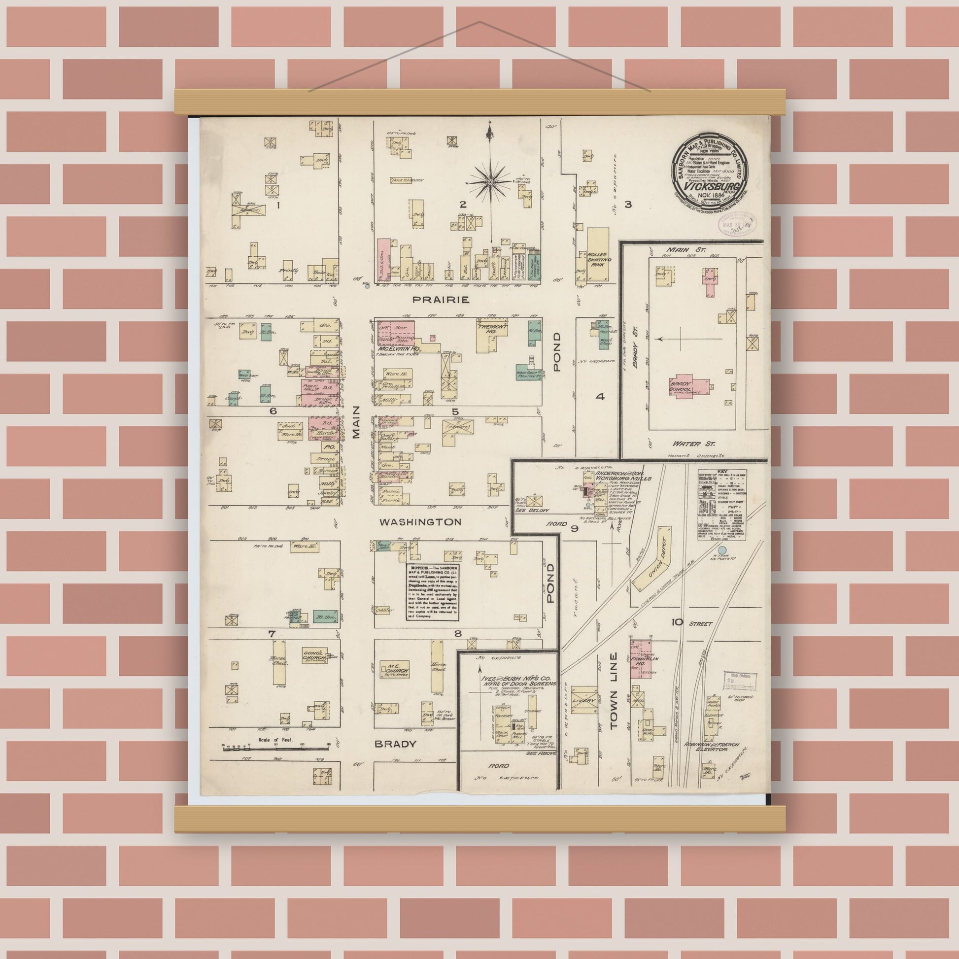 Old map wall art mockup — magnetic wood frame on brick wall — Sanborn Fire Insurance Map from Vicksburg, Kalamazoo County, Michigan (1884), Sheet #0001