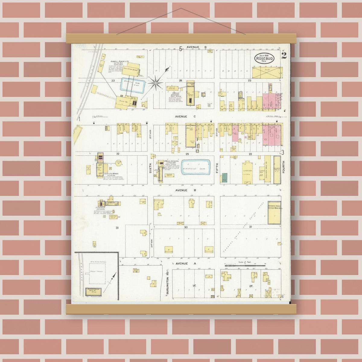 Old map wall art mockup — magnetic wood frame on brick wall — Sanborn Fire Insurance Map from Rosebud, Falls County, Texas (1909), Sheet #0002