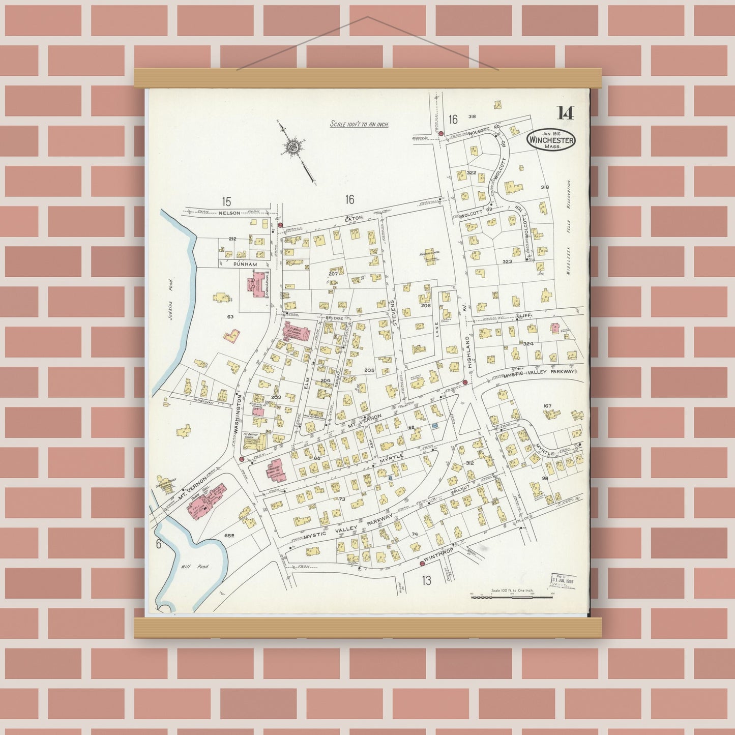 Old map wall art mockup — magnetic wood frame on brick wall — Sanborn Fire Insurance Map from Winchester, Middlesex County, Massachusetts (1916), Sheet #0014