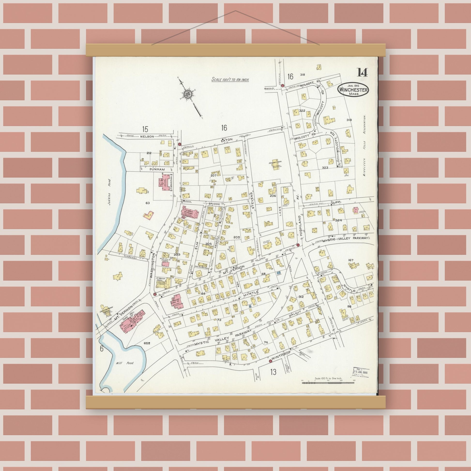 Old map wall art mockup — magnetic wood frame on brick wall — Sanborn Fire Insurance Map from Winchester, Middlesex County, Massachusetts (1916), Sheet #0014