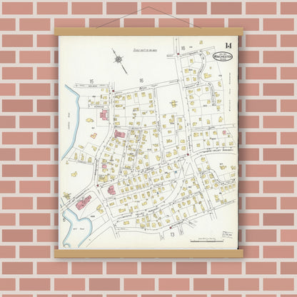 Old map wall art mockup — magnetic wood frame on brick wall — Sanborn Fire Insurance Map from Winchester, Middlesex County, Massachusetts (1916), Sheet #0014