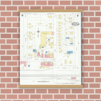 Old map wall art mockup — magnetic wood frame on brick wall — Sanborn Fire Insurance Map from Downers Grove, Dupage County, Illinois (1927), Sheet #0009