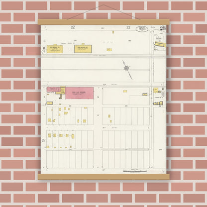 Old map wall art mockup — magnetic wood frame on brick wall — Sanborn Fire Insurance Map from Merced, Merced County, California (1922), Sheet #0028