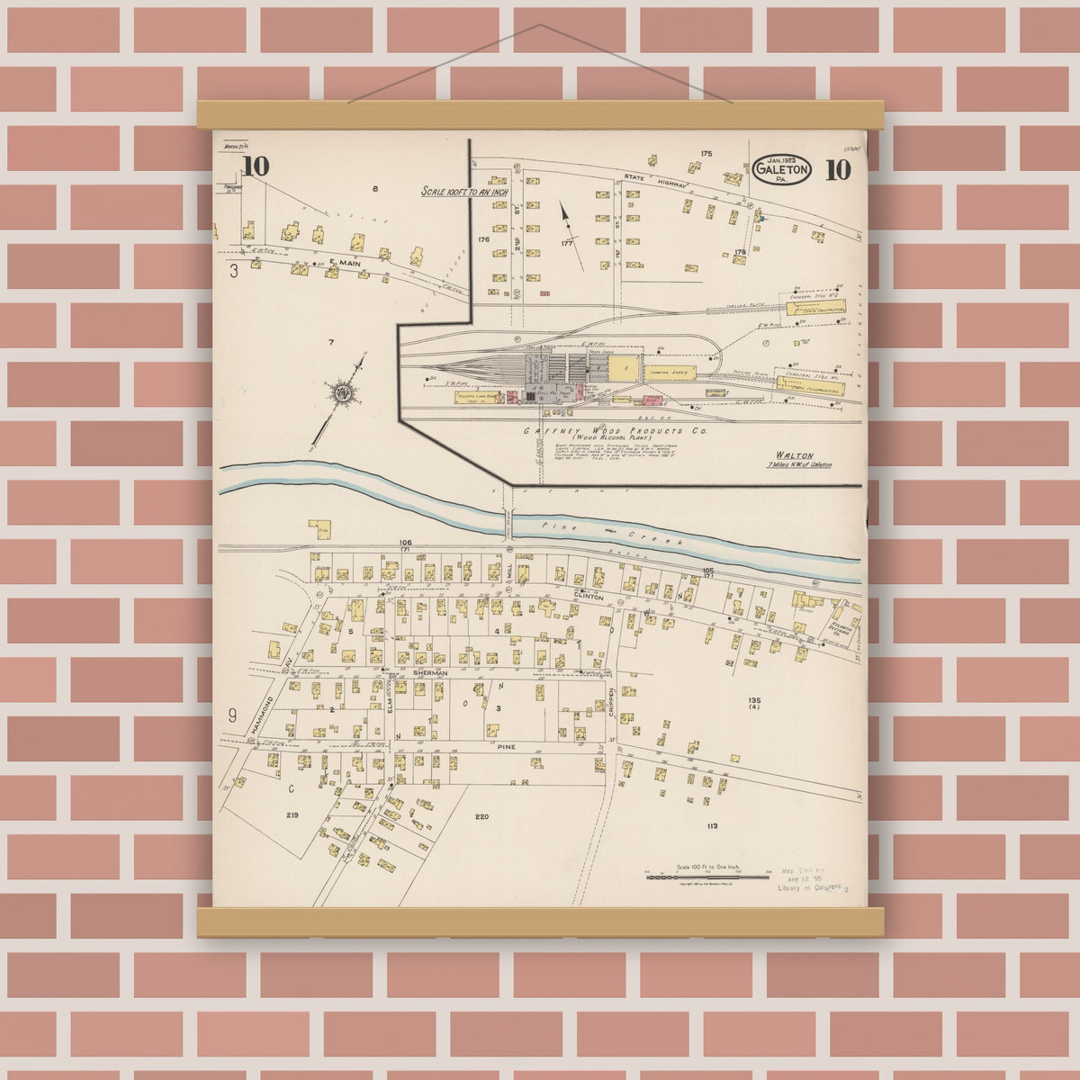 Old map wall art mockup — magnetic wood frame on brick wall — Sanborn Fire Insurance Map from Galeton, Potter County, Pennsylvania (1923), Sheet #0010