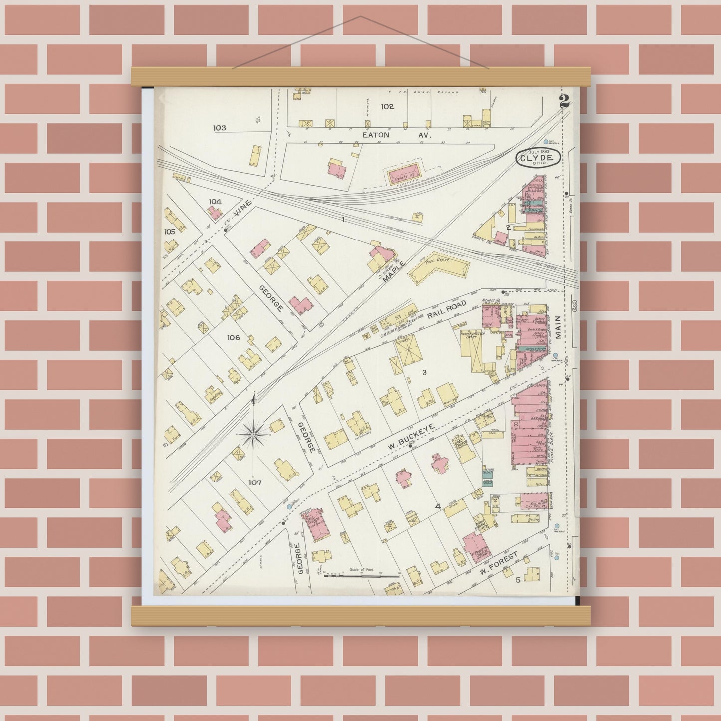 Old map wall art mockup — magnetic wood frame on brick wall — Sanborn Fire Insurance Map from Clyde, Sandusky County, Ohio (1893), Sheet #0002