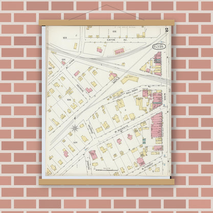 Old map wall art mockup — magnetic wood frame on brick wall — Sanborn Fire Insurance Map from Clyde, Sandusky County, Ohio (1893), Sheet #0002