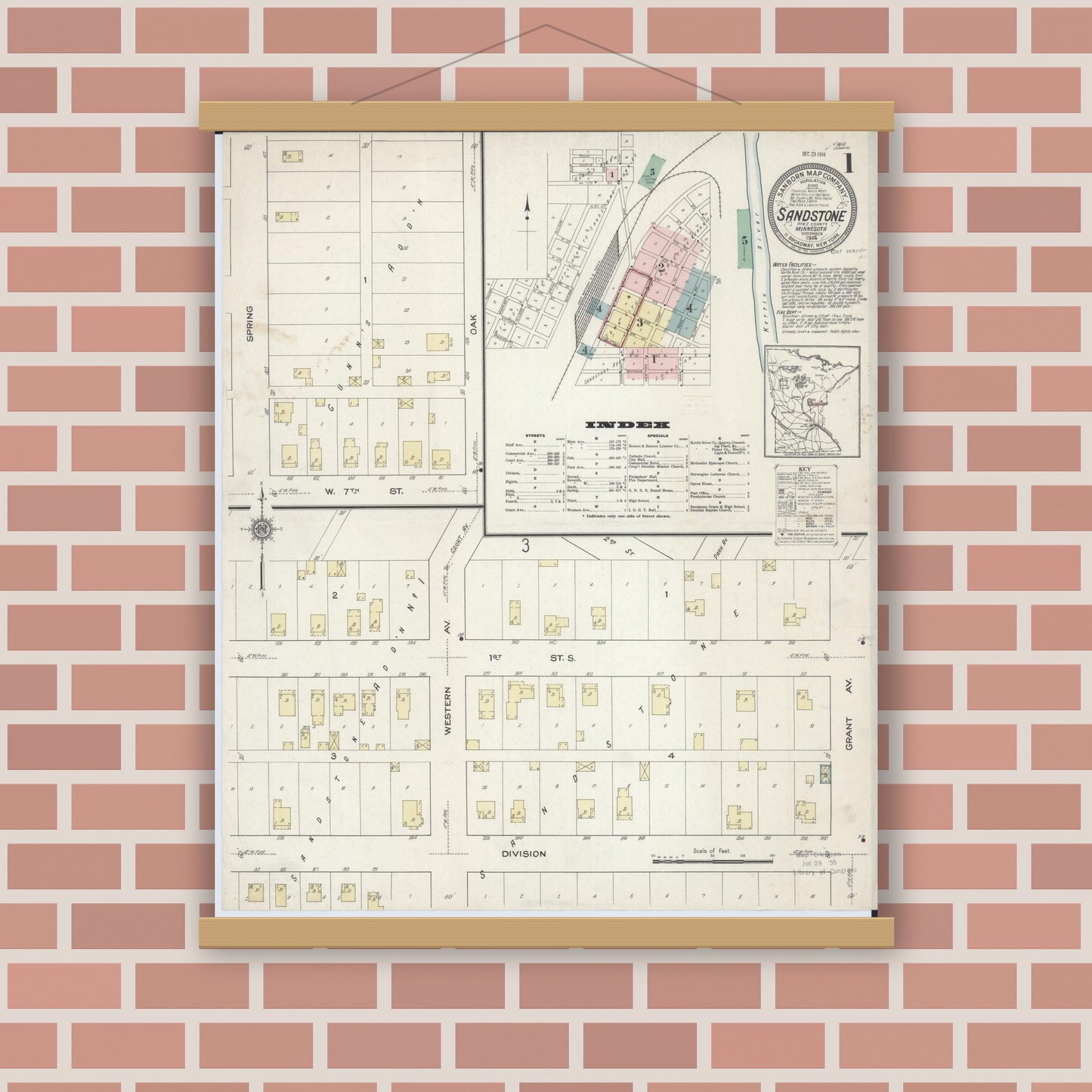 Old map wall art mockup — magnetic wood frame on brick wall — Sanborn Fire Insurance Map from Sandstone, Pine County, Minnesota (1914) - Complete Map Set