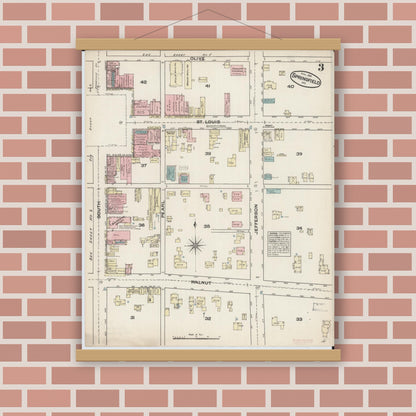 Old map wall art mockup — magnetic wood frame on brick wall — Sanborn Fire Insurance Map from Springfield, Greene County, Missouri (1884), Sheet #0003