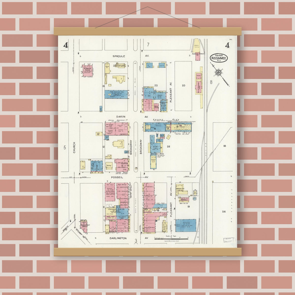 Old map wall art mockup — magnetic wood frame on brick wall — Sanborn Fire Insurance Map from Kissimmee, Osceola County, Florida (1926), Sheet #0004