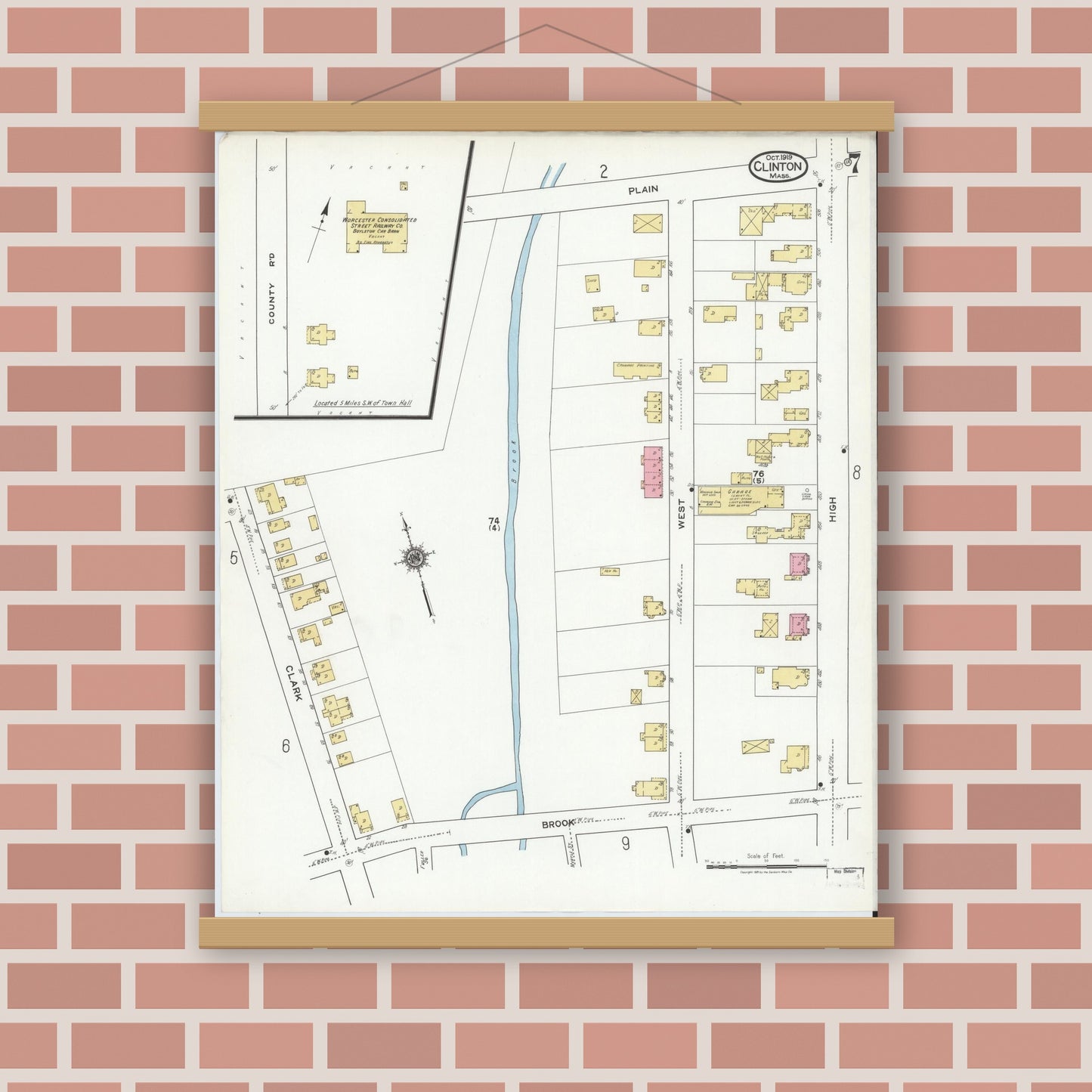 Old map wall art mockup — magnetic wood frame on brick wall — Sanborn Fire Insurance Map from Clinton, Worcester County, Massachusetts (1919), Sheet #0007