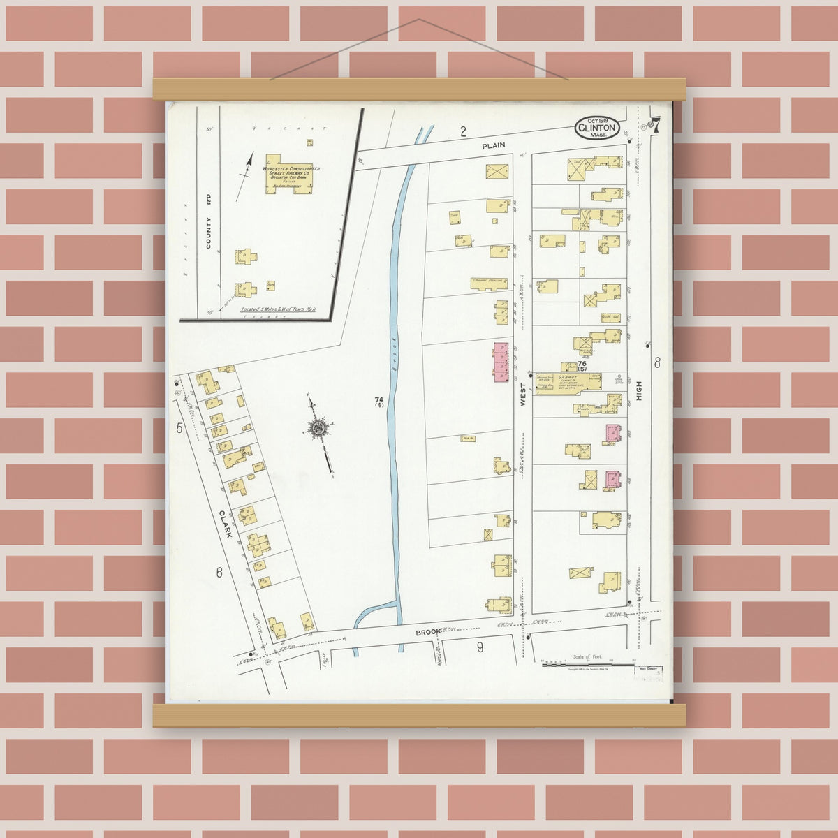 Old map wall art mockup — magnetic wood frame on brick wall — Sanborn Fire Insurance Map from Clinton, Worcester County, Massachusetts (1919), Sheet #0007