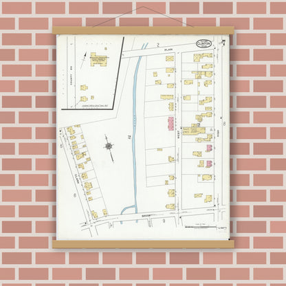 Old map wall art mockup — magnetic wood frame on brick wall — Sanborn Fire Insurance Map from Clinton, Worcester County, Massachusetts (1919), Sheet #0007
