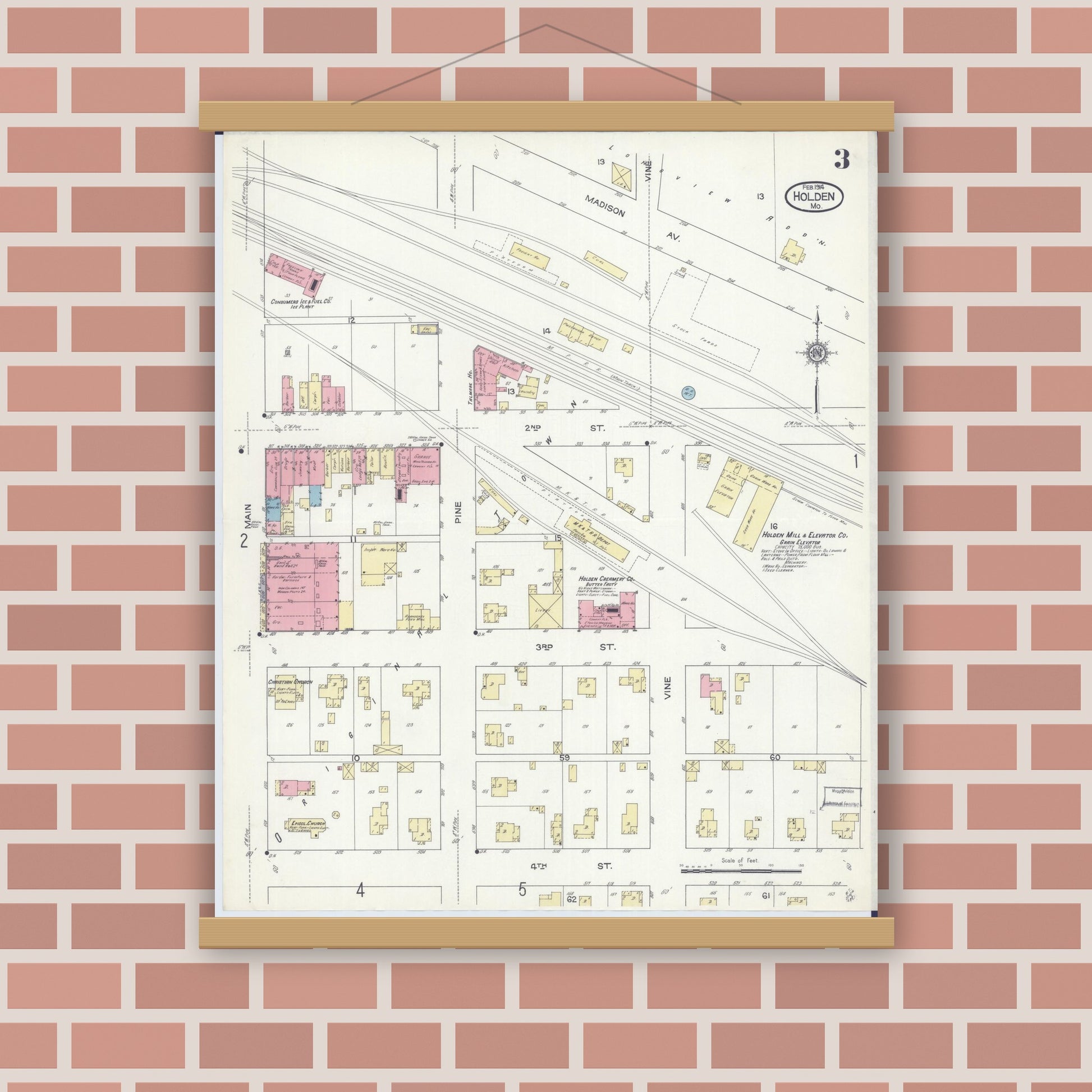 Old map wall art mockup — magnetic wood frame on brick wall — Sanborn Fire Insurance Map from Holden, Johnson County, Missouri (1914), Sheet #0003