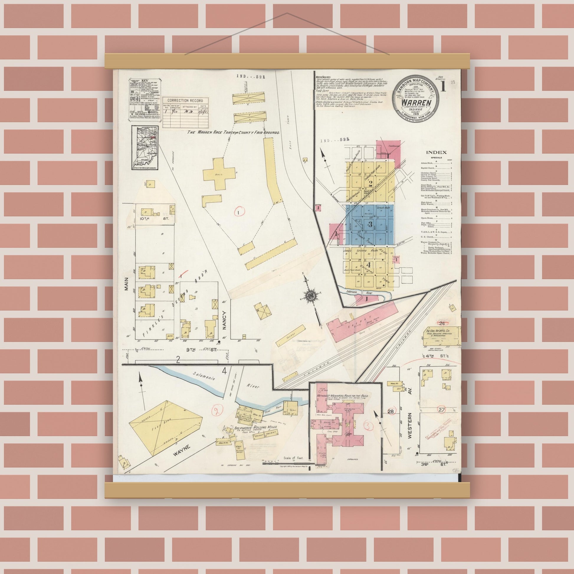 Old map wall art mockup — magnetic wood frame on brick wall — Sanborn Fire Insurance Map from Warren, Huntington County, Indiana (1932) - Complete Map Set