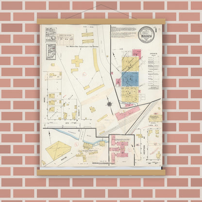 Old map wall art mockup — magnetic wood frame on brick wall — Sanborn Fire Insurance Map from Warren, Huntington County, Indiana (1932) - Complete Map Set