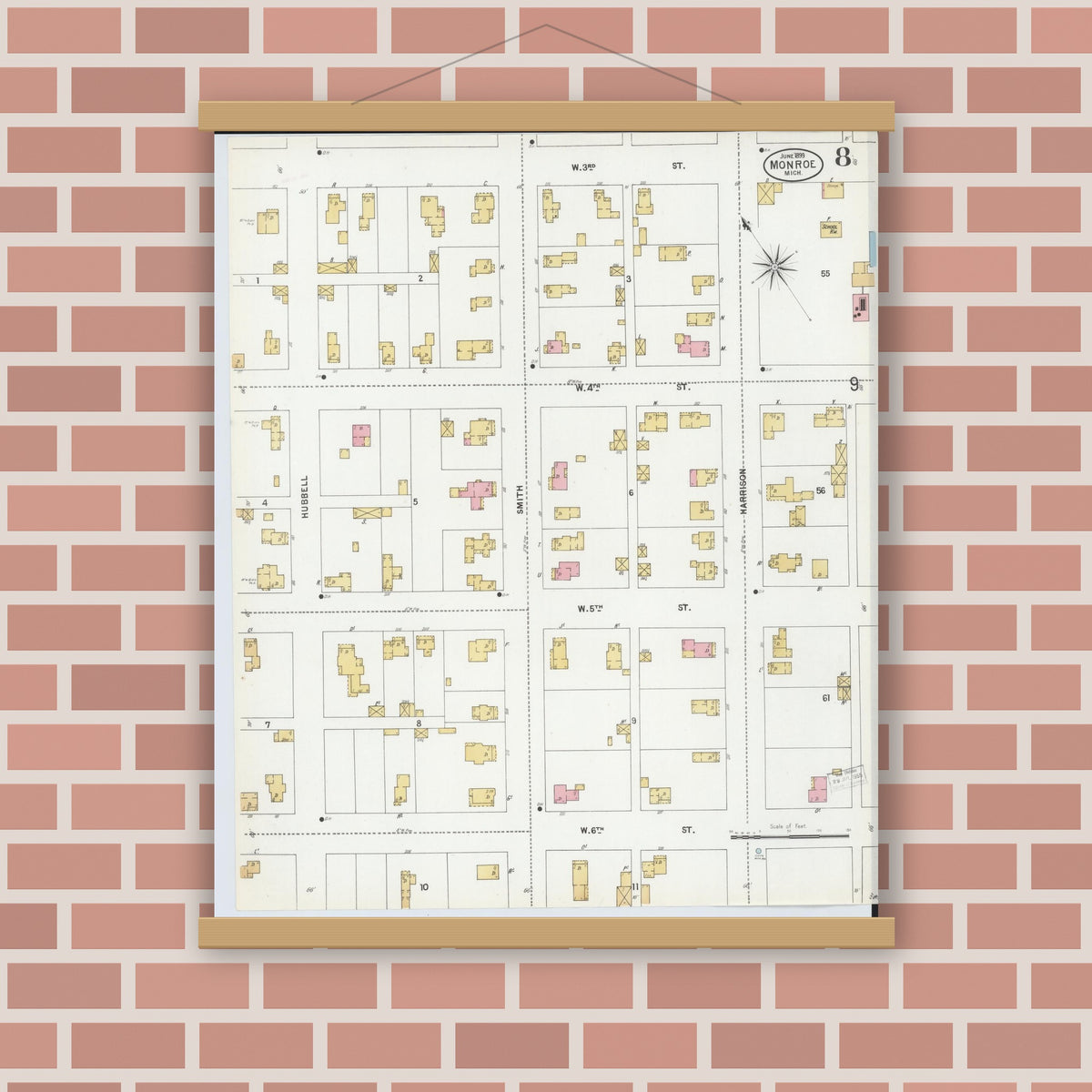 Old map wall art mockup — magnetic wood frame on brick wall — Sanborn Fire Insurance Map from Monroe, Monroe County, Michigan (1899), Sheet #0008
