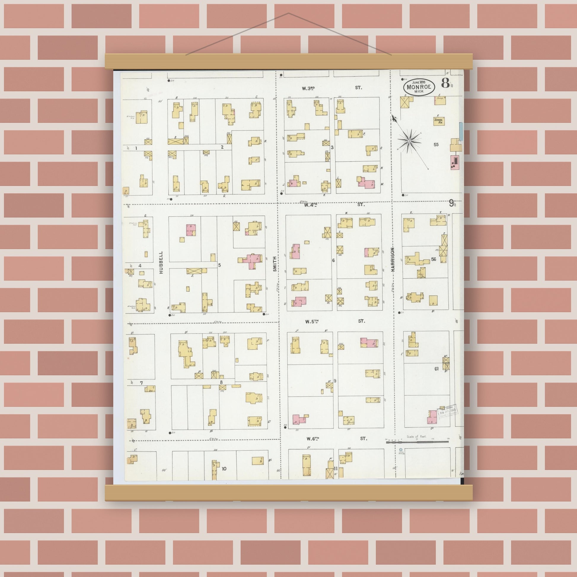 Old map wall art mockup — magnetic wood frame on brick wall — Sanborn Fire Insurance Map from Monroe, Monroe County, Michigan (1899), Sheet #0008