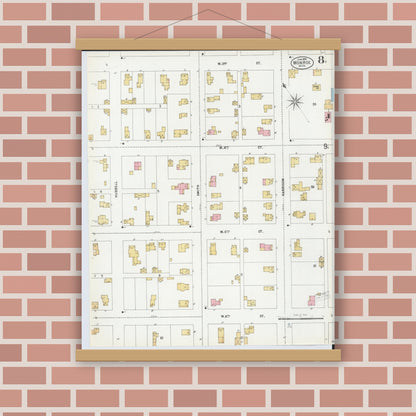 Old map wall art mockup — magnetic wood frame on brick wall — Sanborn Fire Insurance Map from Monroe, Monroe County, Michigan (1899), Sheet #0008
