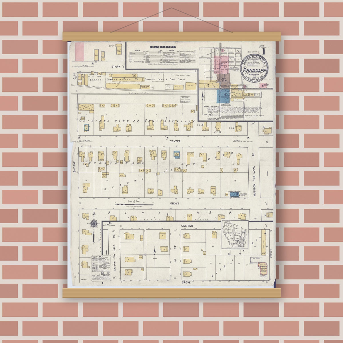 Old map wall art mockup — magnetic wood frame on brick wall — Sanborn Fire Insurance Map from Randolph, Columbia and Dodge Counties, Wisconsin (1919), Sheet #0001