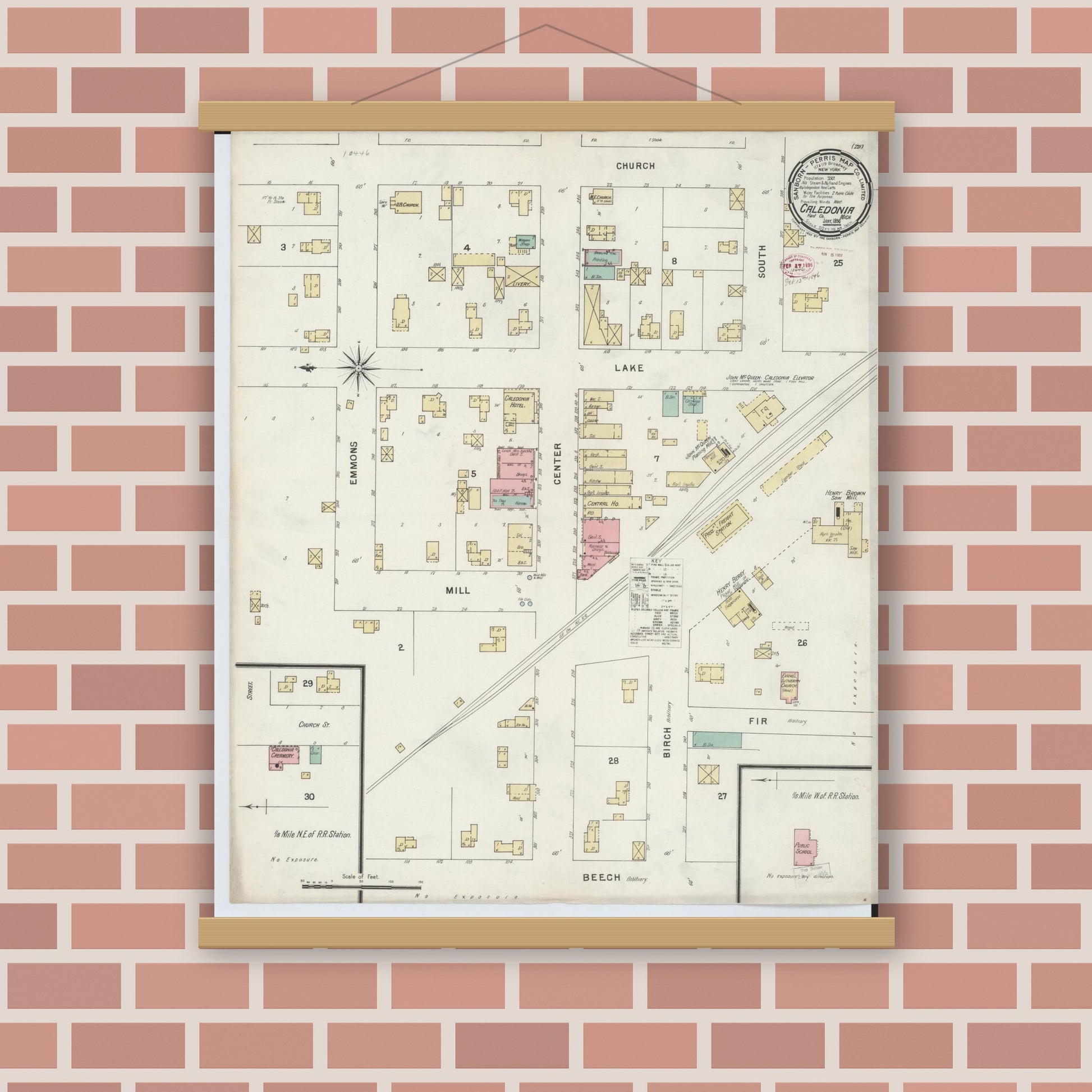 Old map wall art mockup — magnetic wood frame on brick wall — Sanborn Fire Insurance Map from Caledonia, Kent County, Michigan (1896), Sheet #0001