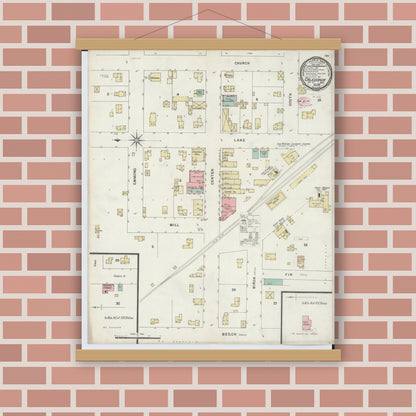 Old map wall art mockup — magnetic wood frame on brick wall — Sanborn Fire Insurance Map from Caledonia, Kent County, Michigan (1896), Sheet #0001