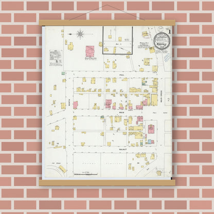 Old map wall art mockup — magnetic wood frame on brick wall — Sanborn Fire Insurance Map from Woodsfield, Monroe County, Ohio (1899), Sheet #0001