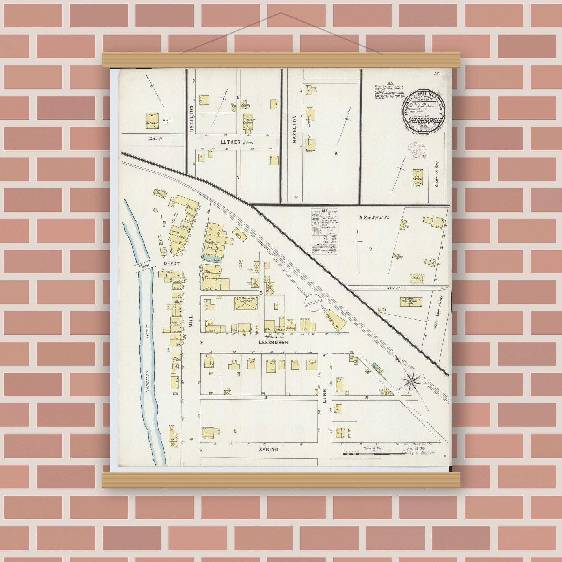 Old map wall art mockup — magnetic wood frame on brick wall — Sanborn Fire Insurance Map from Sherrodsville, Carroll County, Ohio (1895), Sheet #0001