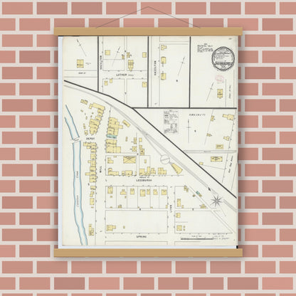 Old map wall art mockup — magnetic wood frame on brick wall — Sanborn Fire Insurance Map from Sherrodsville, Carroll County, Ohio (1895), Sheet #0001