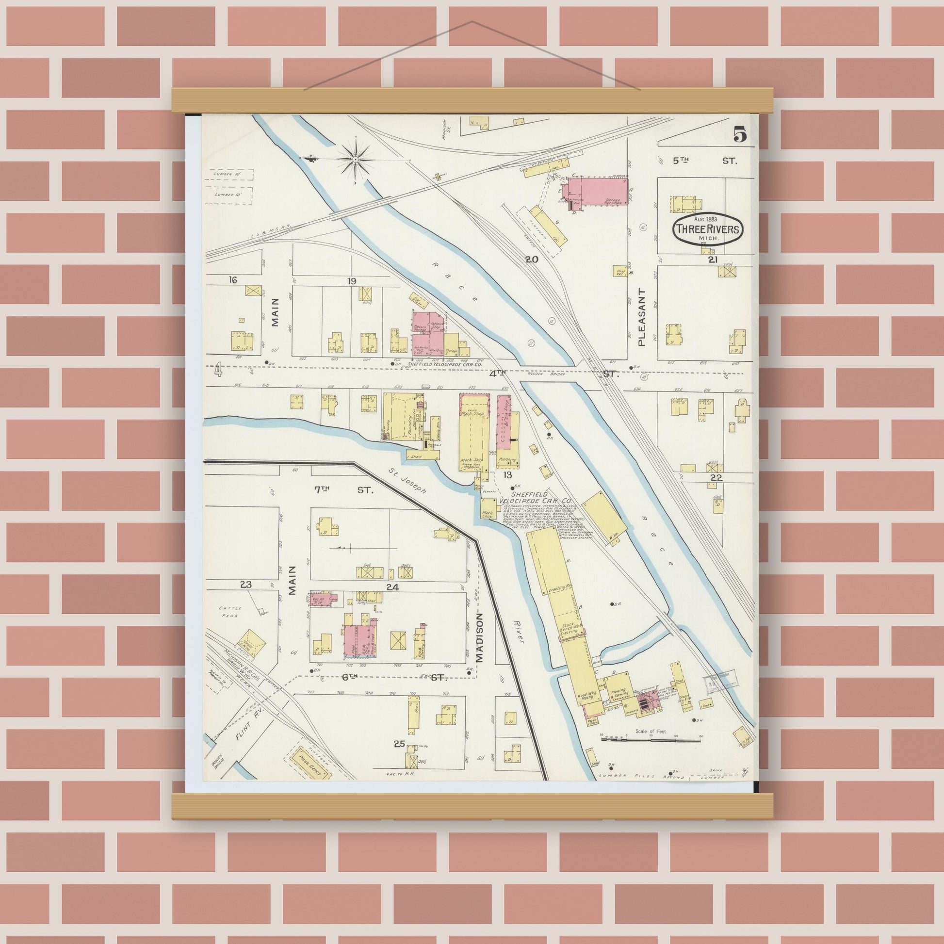 Old map wall art mockup — magnetic wood frame on brick wall — Sanborn Fire Insurance Map from Three Rivers, Saint Joseph County, Michigan (1893), Sheet #0005