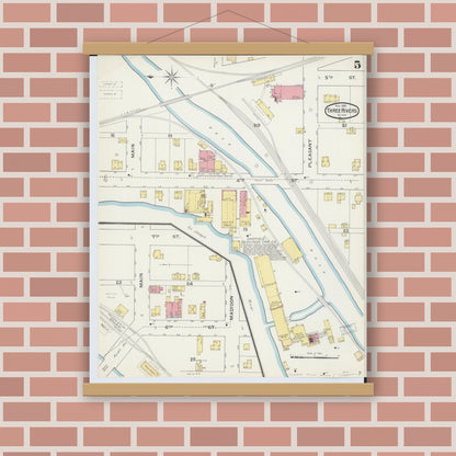 Old map wall art mockup — magnetic wood frame on brick wall — Sanborn Fire Insurance Map from Three Rivers, Saint Joseph County, Michigan (1893), Sheet #0005