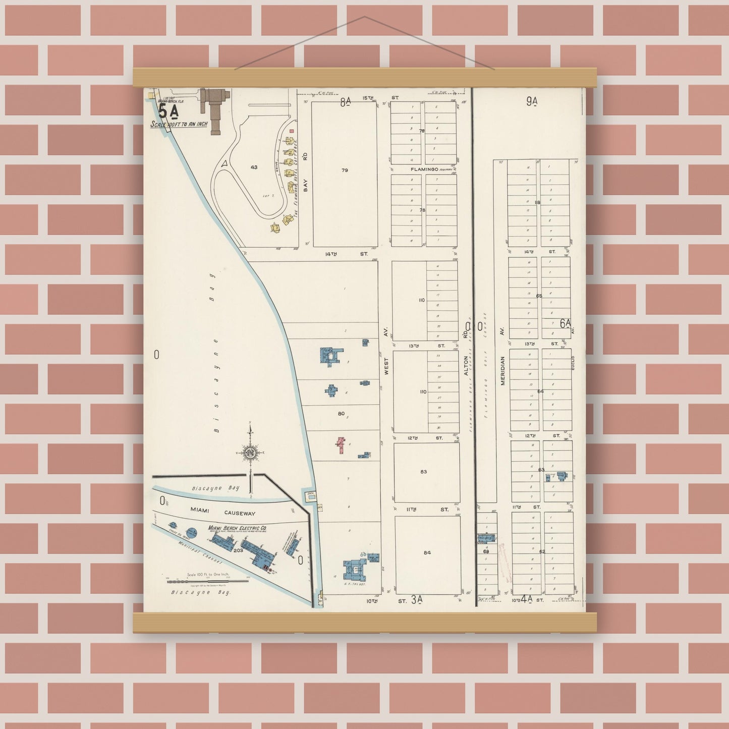 Old map wall art mockup — magnetic wood frame on brick wall — Sanborn Fire Insurance Map from Miami Beach, Dade County, Florida (1921), Sheet #0005