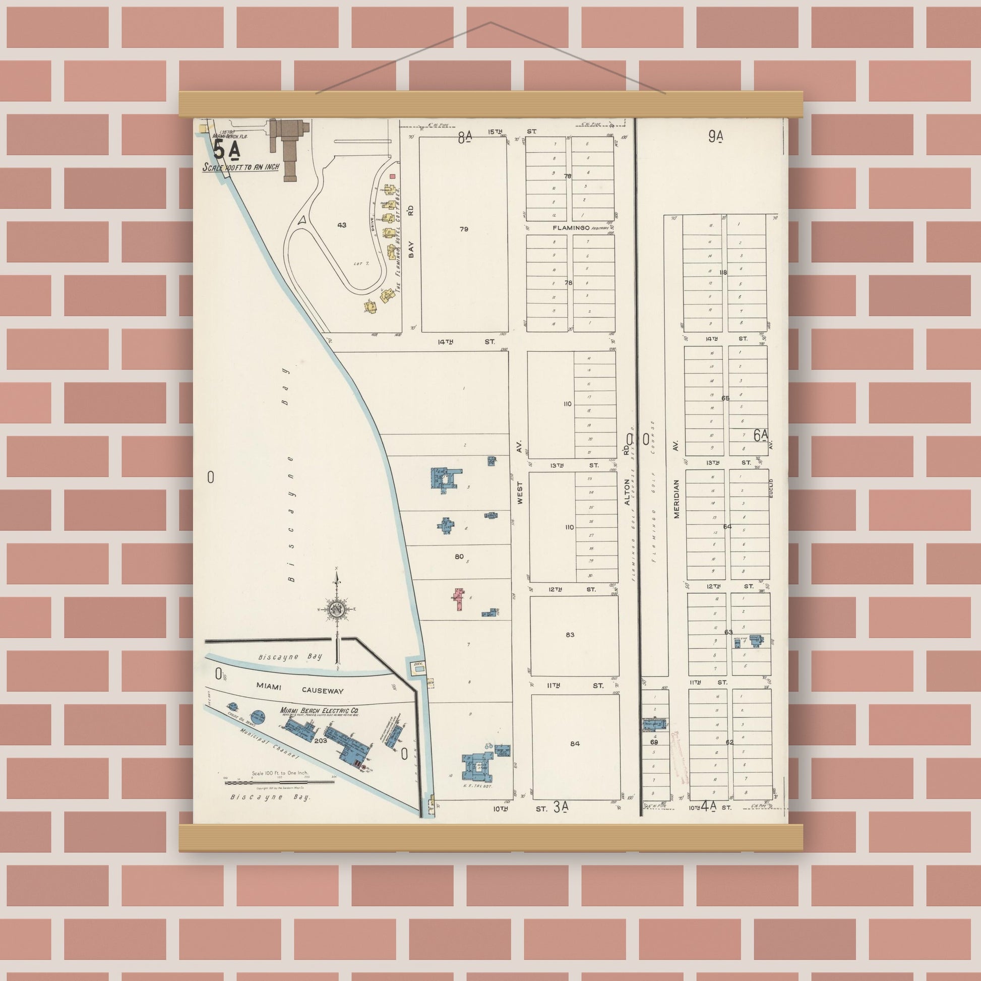 Old map wall art mockup — magnetic wood frame on brick wall — Sanborn Fire Insurance Map from Miami Beach, Dade County, Florida (1921), Sheet #0005
